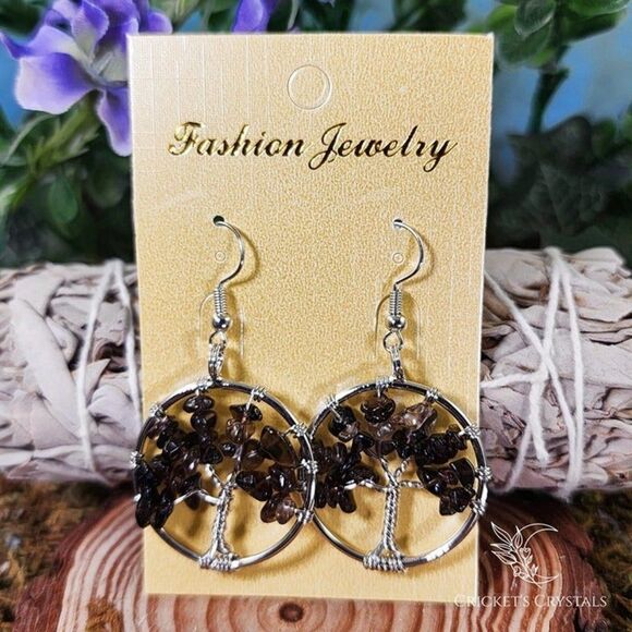 Smoky Quartz Tree of Life Earrings #3 - Picture 1 of 2